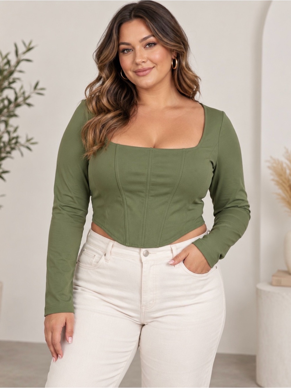 ReoRia Olive Square Neck Long Sleeve Crop Top